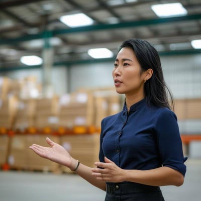 asian woman giving a presentation in a warehouse